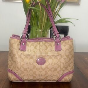 Coach Beige Signature Tote with Pink Leather Trim.
